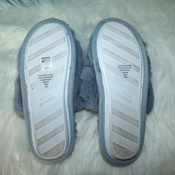 Express Cozy Faux Fur Blue Grey Slippers 7 8 - Picture 8 of 10